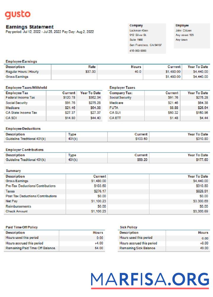 Printable USA California business providing company earnings statement real example